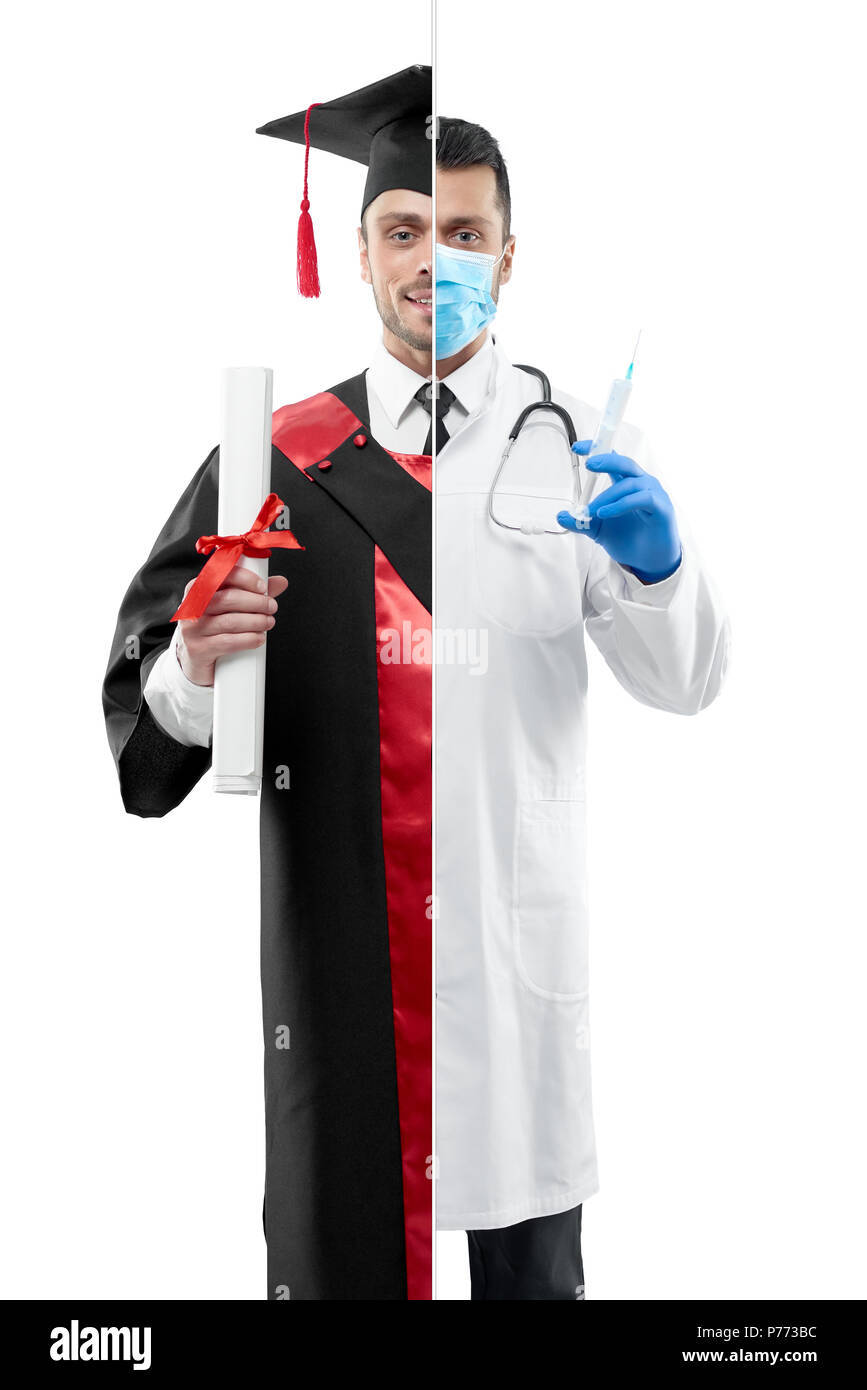 comparacion-de-medico-y-de-postgrado-de-la-universidad-de-outlook-estudiante-vestido-rojo-y-negro-vestido-de-graduacion-manteniendo-el-diploma-doctor-vestidas-de-blanco-medical-g-p773bc.jpg