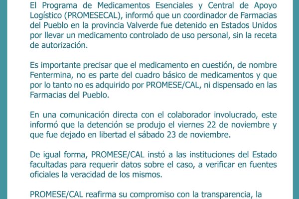 PROMESE/CAL informa sobre apresamiento de colaborador en EE. UU.