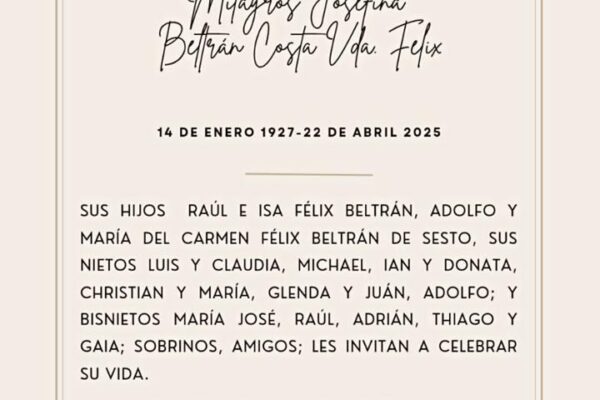 Fallece madre del doctor Raúl Félix Beltrán